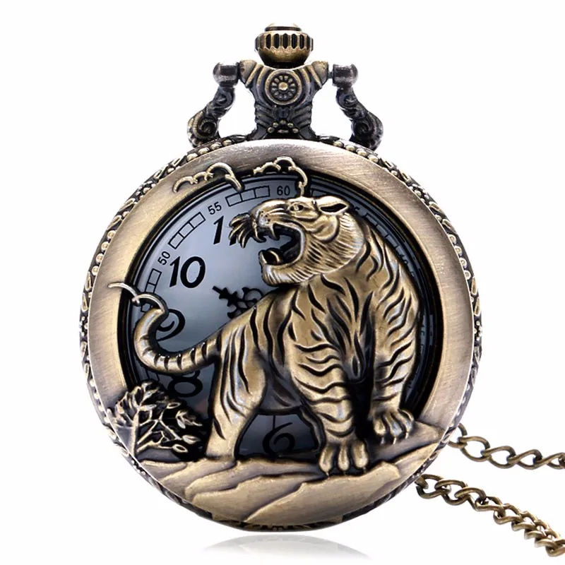 Винтажные часы полые Тигр Дизайн корпус бронза 3D кварцевые карманные часы с Подарочное ожерелье-цепочка для карманные часы для мужчин для