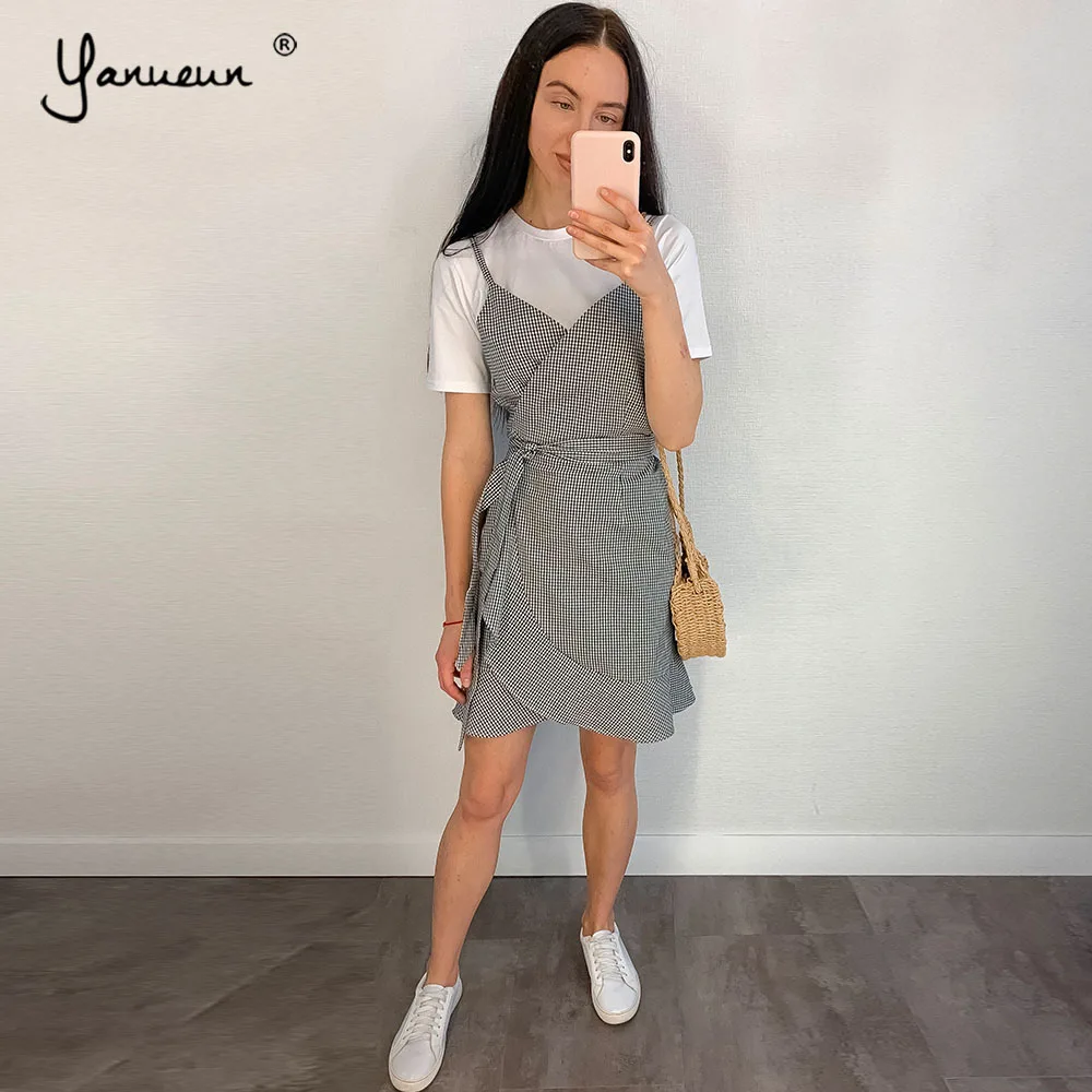 

Yanueun Short Dress Loose Dresses With Sashes Ruffles Spring Summer Spaghetti Strap Casual 2019 New Hot