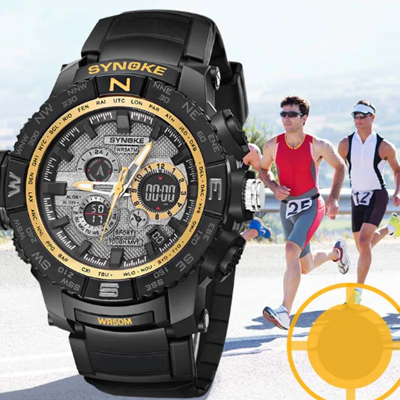 

Luxury Men Watches Double Movement multiple time Watch multifunction 50m Waterproof Sport calendar LED Quartz Clock Wristwatches