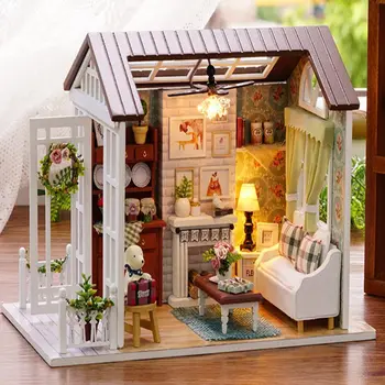 

Christmas Gift 3D Wooden Doll House Living Room with Balcony Furniture DIY Miniature Kit Toys with Dust Cover Dollhouse P0