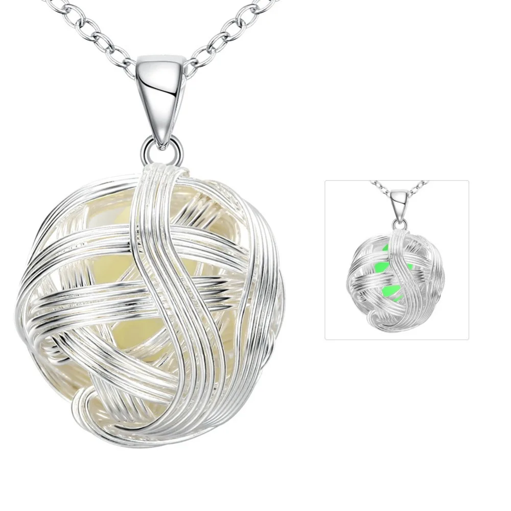 Silver Plated Hollow Wire Wrapped Ball Glowing Hollow Pendant Necklace