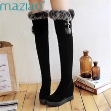 Женские зимние сапоги высокого качества; Сапоги выше колена на платформе с круглым носком на высоком каблуке; теплая зимняя обувь на толстом меху; MAZIAO