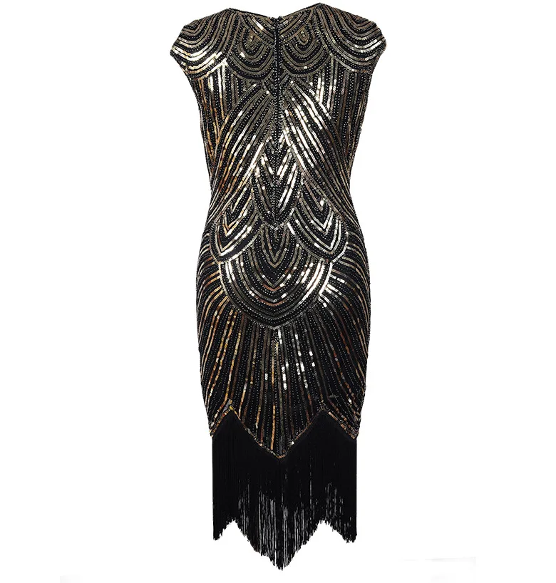 Женское Ретро вечернее платье с короткими рукавами и кисточками, 1920 s, украшенный пайетками и бахромой, винтажное платье в стиле Гэтсби - Цвет: Black gold