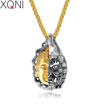 

XQNI Special Good And Evil Buddha Head Statue Ghost Stainless Steel Pendant Necklace For Men Box-chain Jewelry Gift For Gift