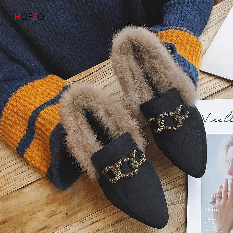 

HQFZO Women Flat Shoes Autumn Winter Women Flats Warm Buckle Furry Comfort Plush Shoes Woman Loafers Slip on Shoes Female