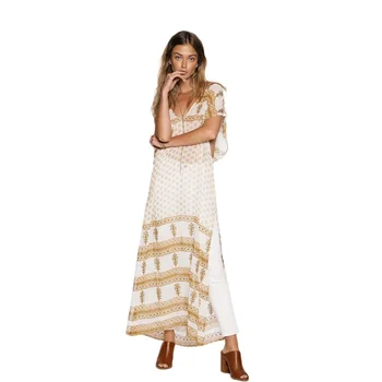 

2020 women's hot sale long dress retro chic vintage printing maxi dress short sleeve large big summer dress boho split dress