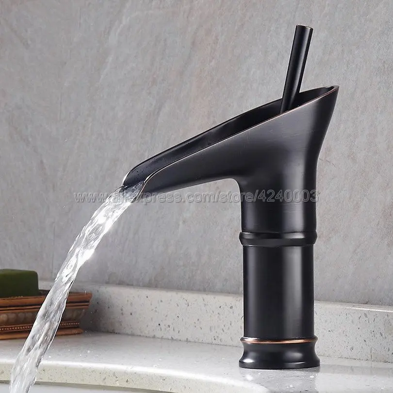 Black Oil Rubbed Brass Waterfall Spout Single Handle Bathroom Sink Vessel Faucet Basin Mixer Tap Knf091