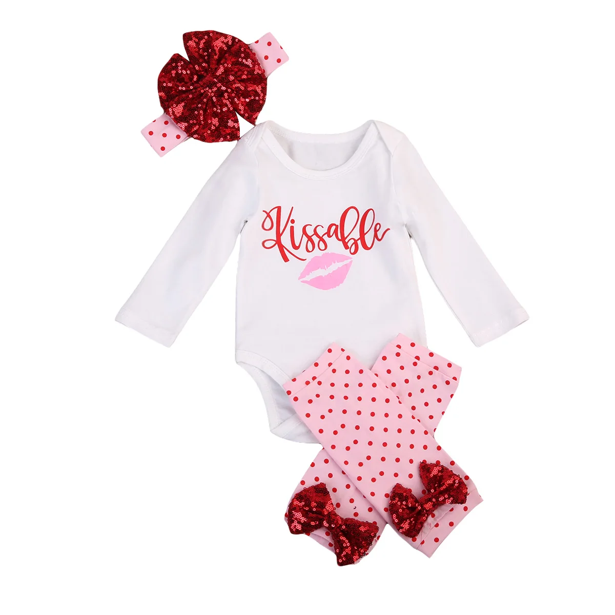 

Long sleeve Lip and Letter Printed Bodysuit with Sequins Bow Headband Leg warmers For Baby Girl
