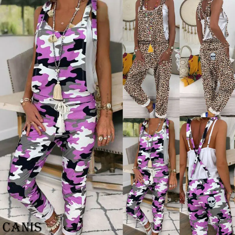

Overalls for Women Sleeveless Dungarees Loose Cotton Linen Long Playsuit Party Rompers Leopard Jumpsuit Harem Trousers Playsuit