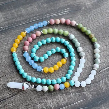

Handmade Trendy Long Necklace Women Ohm Nature Stone Pendant Meditation Necklace Yoga Mala Stone Female Necklace Jewelry
