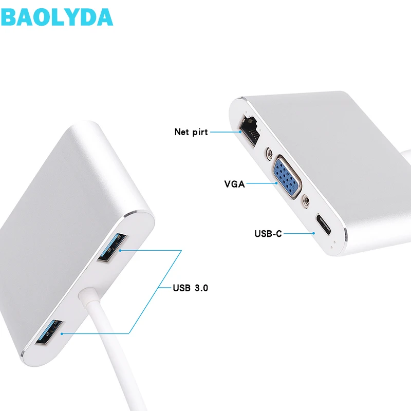 

Baolyda USB C HUB Thunderbolt 3 Adapter 5in1 USB-C Multiport Adapter with 4K HDMI Ethernet VGA USB3.0 for Macbook & USB-C Laptop