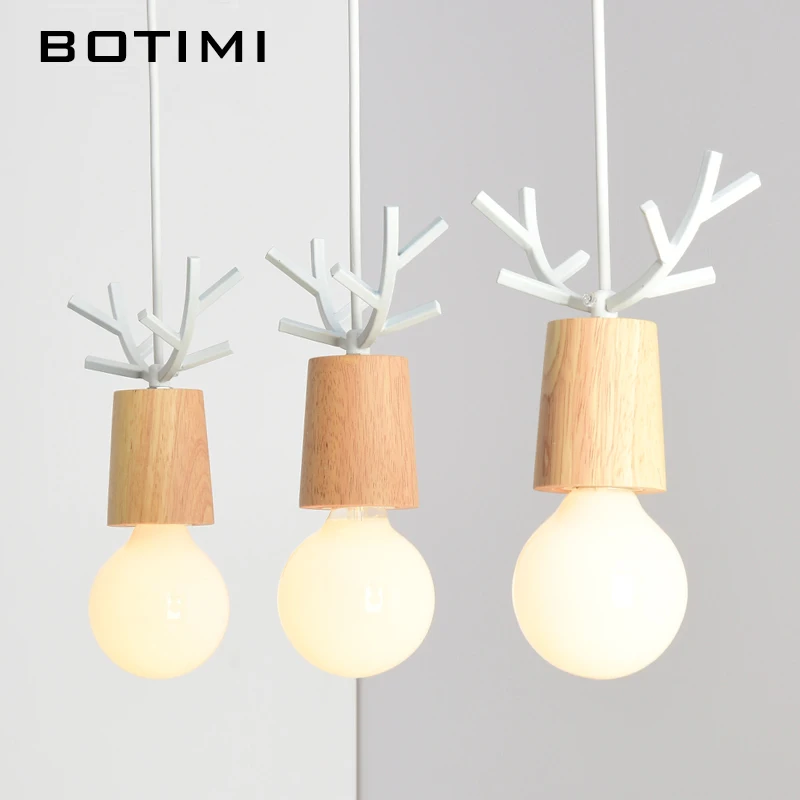 

BOTIMI American Wooden LED Pendant Lights For Dining Kitchen Lustres White Black Metal Hanging Lamp E27 Kitchen Lighting Fixture