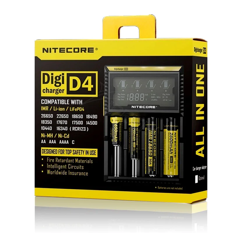 

100% Original Nitecore D4 Battery Charger LCD Intelligent Charger Li-ion 18650 14500 16340 26650 AAA AA 12V Battery Charger
