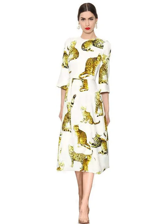 Runway Style 2016 Autumn New Women's Dress Animal Cat Print Woman O ...