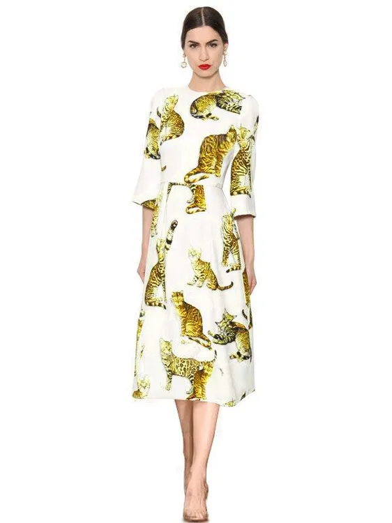Runway Style 2016 Autumn New Women's Dress Animal Cat Print Woman O