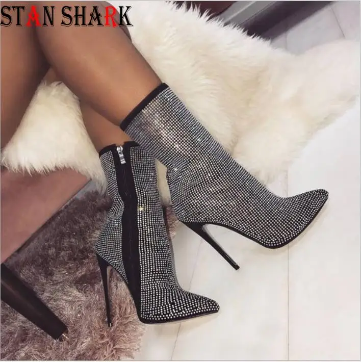 

New Women Pointed Rhinestone Boots Stiletto High Heels Boots Luxury Crystal Bling Autumn Winter Boots Size 35-42 Botas