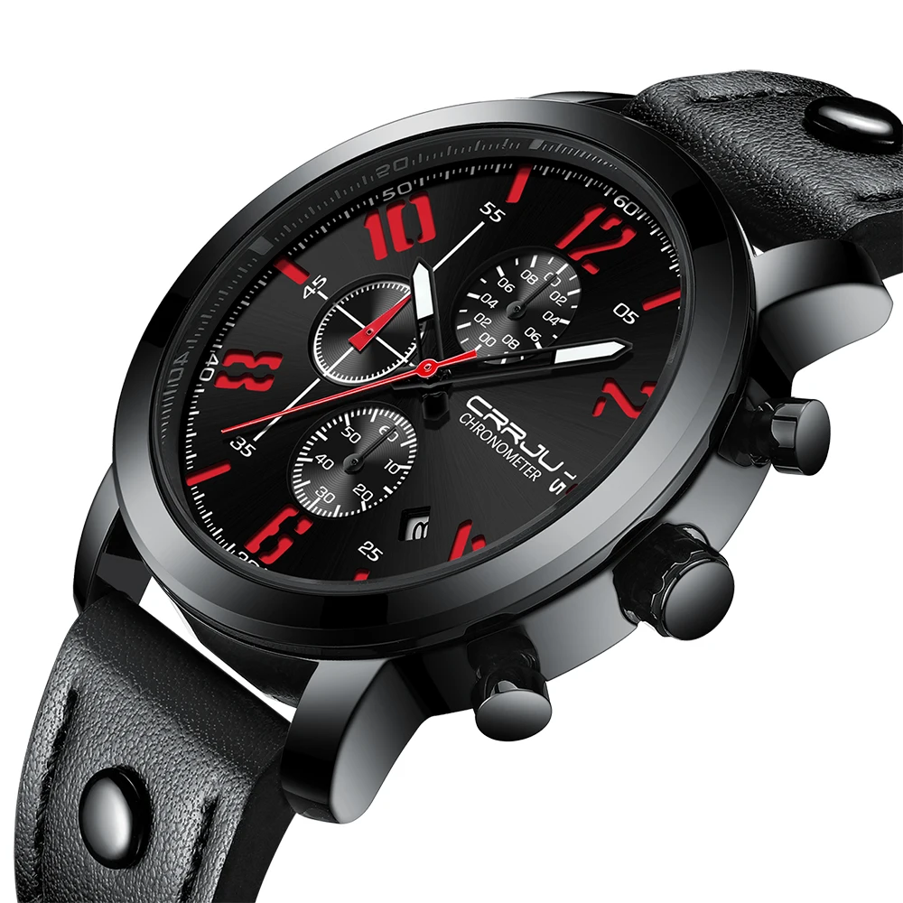 

CRRJU Chronograph Mens Watch Relogio Masculino Black Leather Business Quartz Watch Clock Men Sports Army Military Wrist Watches