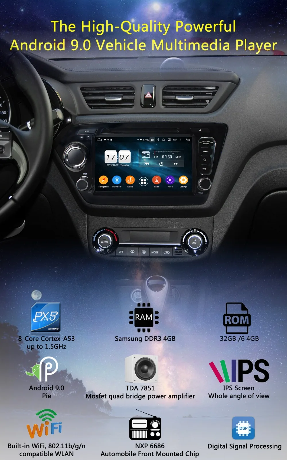 Sale 8" IPS 8 Core 4G +64G Android 9.0 Car DVD Radio GPS Navi For KIA RIO K2 2010 2011 2012 2013 2014 DSP CarPlay Parrot BT Stereo 1