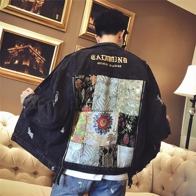 

Retro Hole Denim jacket men Spring Turn-Down Collar Hip Hop Embroidery jacket men's classic outwear jean jackets coat plus size