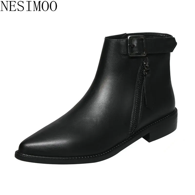 

NESIMOO 2019 Fashion Women Ankle Boots Low Heel Pointed Toe All Match Western Fashion Solid Casual All Match Shoes Size 34-42