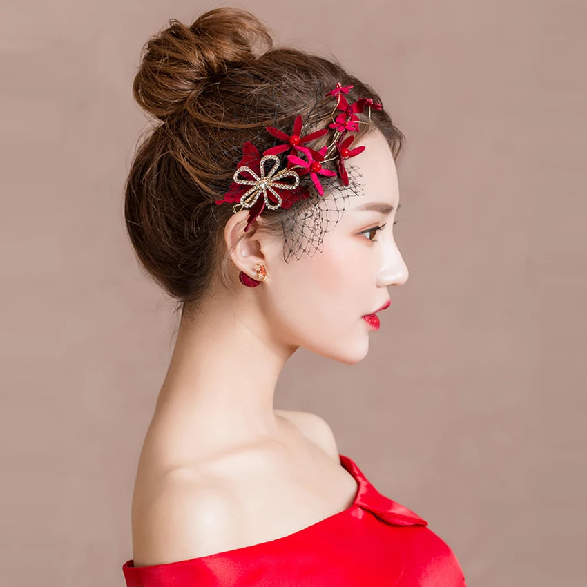 

New Handmade Bride headdress red silk flower headwear wedding styling hair accessories earriing Party Princess party hairband