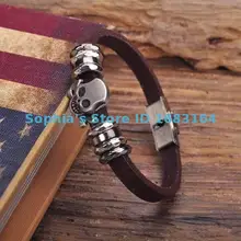 G145 коричневый простой кожаный Череп Браслет наручная повязка наручник из нержавеющей стали застежка Мужская