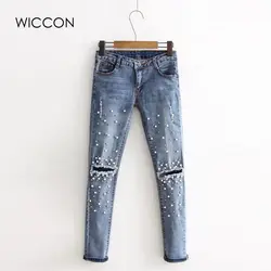 WICCON рваные джинсы до колена 2018 для женщин стрейч джинсовые узкие брюки повседневное Slim Fit заклепки жемчуг джинсы для сладкий осен