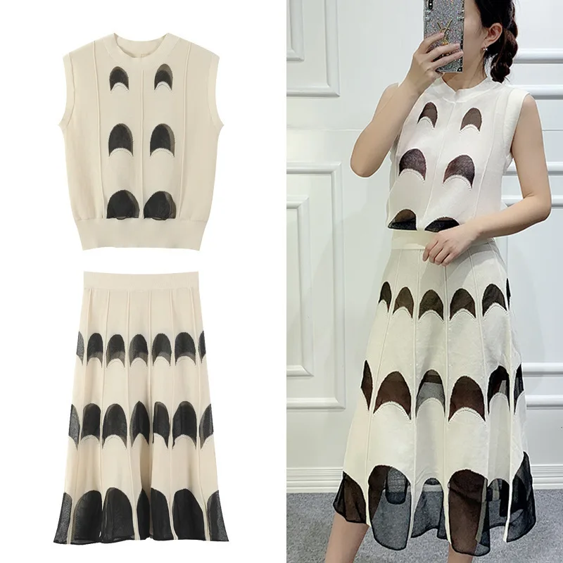 

Summer Sexy Fashion Temperament Sleeveless Tops + High Waist Skirts Suit 2PC Sheer Knitting Jacquard Ladies2 Piece Set Women