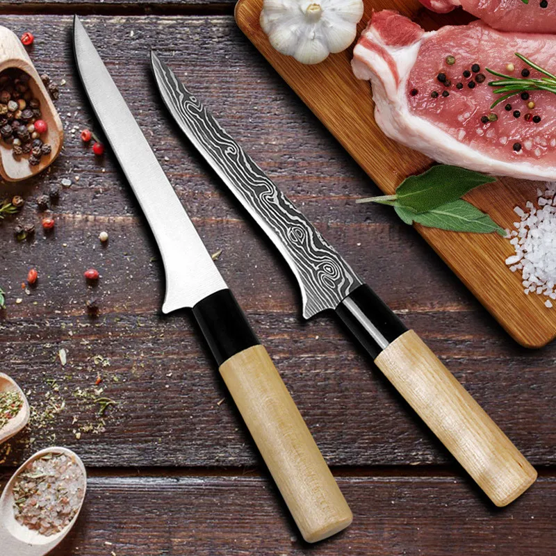 Кухонный Профессиональный обвалочный нож из нержавеющей стали с узором, инструмент для забоя кровотечения, разделительный нож для рыбной ловли мяса, Кливер