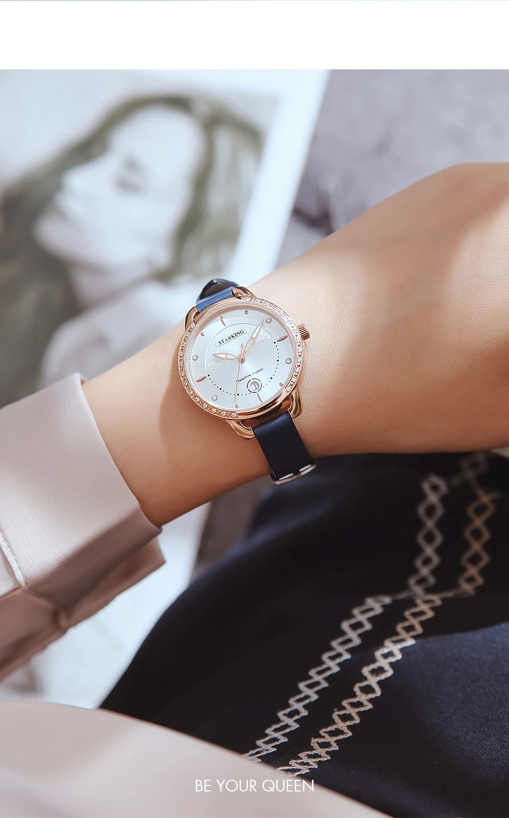 STARKING женские часы с бриллиантами кварцевые наручные часы модные сапфировые кожаные часы Дата девушка наручные часы подарок для жены Relogio