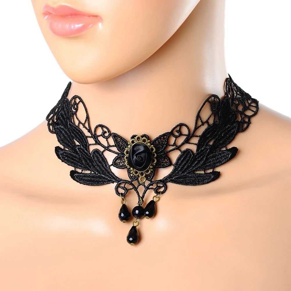 

Nice Women's Style Black Fabric Rose Flower Beads Pendant Choker Lace Necklace Gothic Jewelry False Collar Statement Necklace