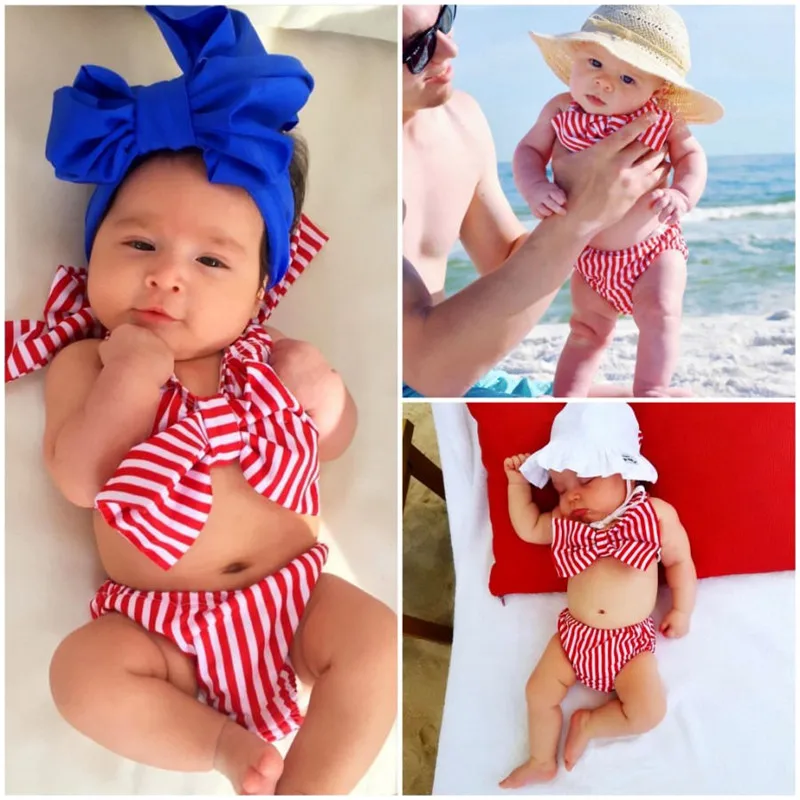 2017 комплект бикини в полоску с большим бантом для маленьких девочек купальный