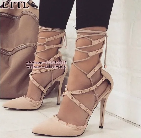 

Roman gladiator Sandals Women Thin Heel Pumps Booties Ladies Sexy Hollow Cross Lace Up Rivets Stiletto High Heels Shoes Women