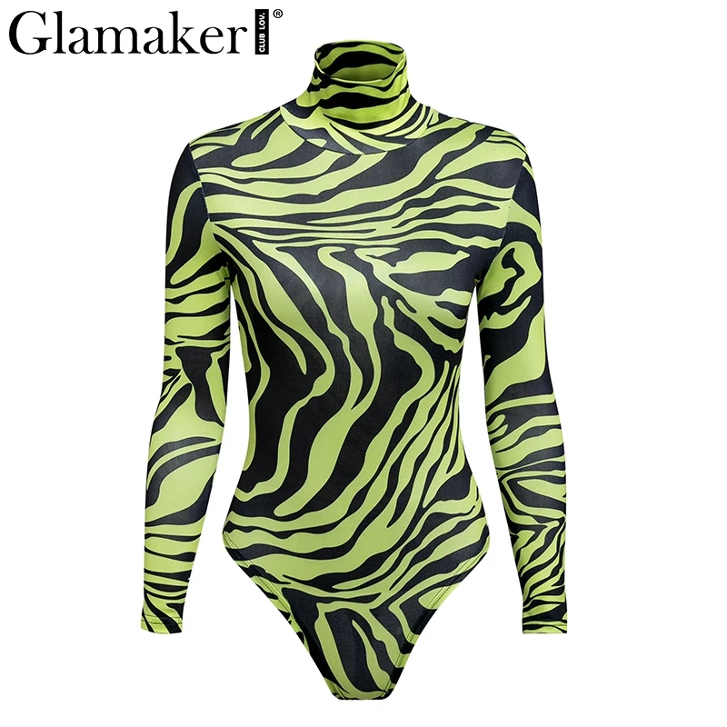 Glamaker Zebra print long sleeve bodysuit One-piece Women sexy turtleneck romper Female elegant spring womens playsuit overall