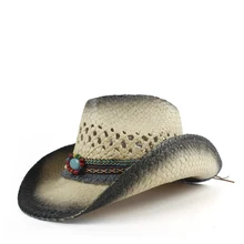 Handmade Weave Straw Women Men Hollow Western Cowboy Hat Lady Dad Sombrero Hombre Cowgirl Jazz Caps Bull Head Band Size 56-58CM