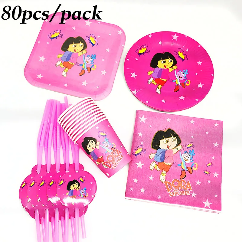 

80pcs Dora the Explorer disposable paper plates cups straws Dora disposable napkins Dora the Explorer birthday party decorations