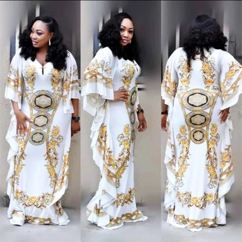

HGTE Lotus Leaf Digital Print Maxi Dress Spring and summer retro style African ladies loose V-neck dress
