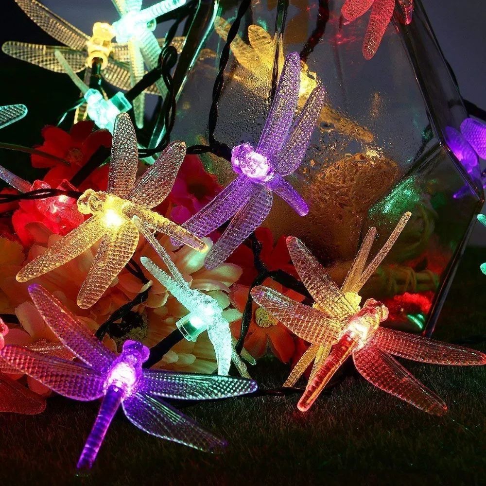 Солнечные гирлянды 20LED многоцветные волоконно оптические стрекозы декоративные