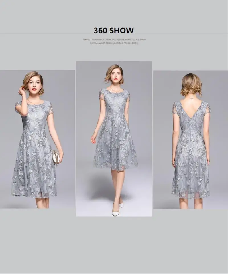 Summer Lace Mesh Embroidery Dress Chiffon Women O-Neck Short Sleeves A-Line Silver Vintage Long Party Elegant Dress Vestidos