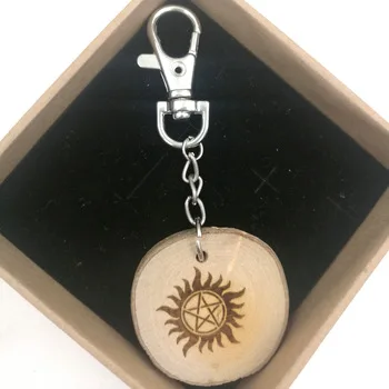 supernatural PENTAGRAM Sam and dean key chain natural ash rustic wood burnt annual ring new in box KC028