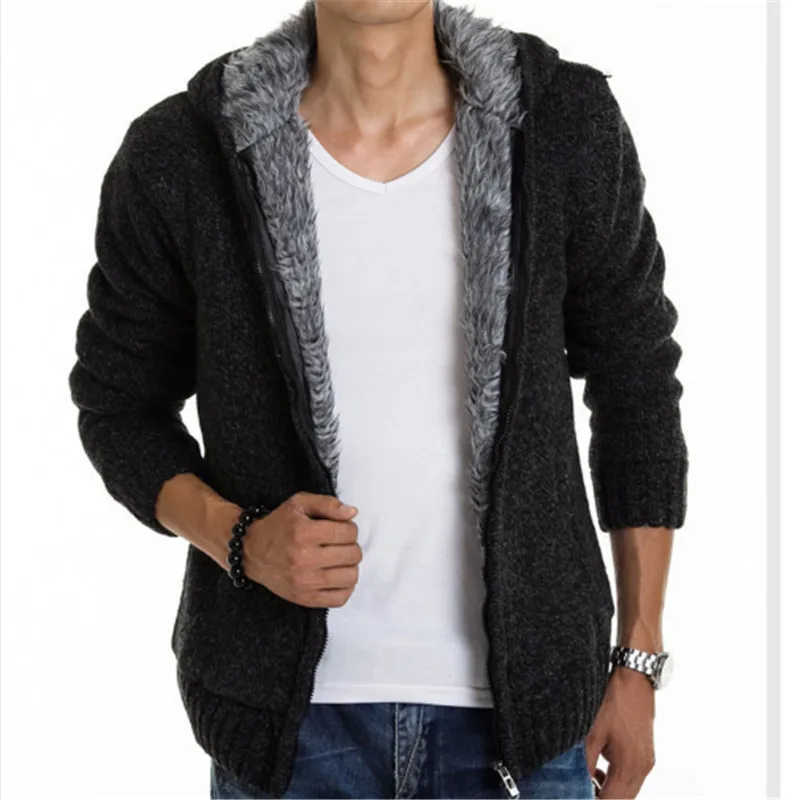 2019 الخريف الشتاء الرجال SweaterCoat فو الفراء رداء علوي من الصوف جاكيتات الرجال سستة محبوك سميكة معطف دافئ عارضة تريكو جديد