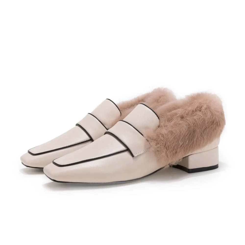 Sur Femme Beige Naturel Talons Solide Toe 2019 La Bas Et Carré De En Slip Cuir noir Européen Casual Pompes Style L89 Élégant Chaussures Décoration Fourrure Lady Noir 6RqwzF