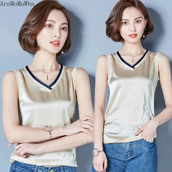 

AreMoMuWha 2019 Summer New Women's Outer Wear Jacket Sleeveless T-shirt Mesh Bottoming Shirt Korean Satin Camisole Female QX855