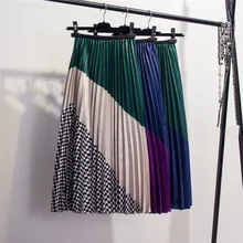 Клетчатая плиссированная юбка в стиле пэчворк, модная уличная стильная Полосатая юбка до середины икры, весенние женские плиссированные юбки