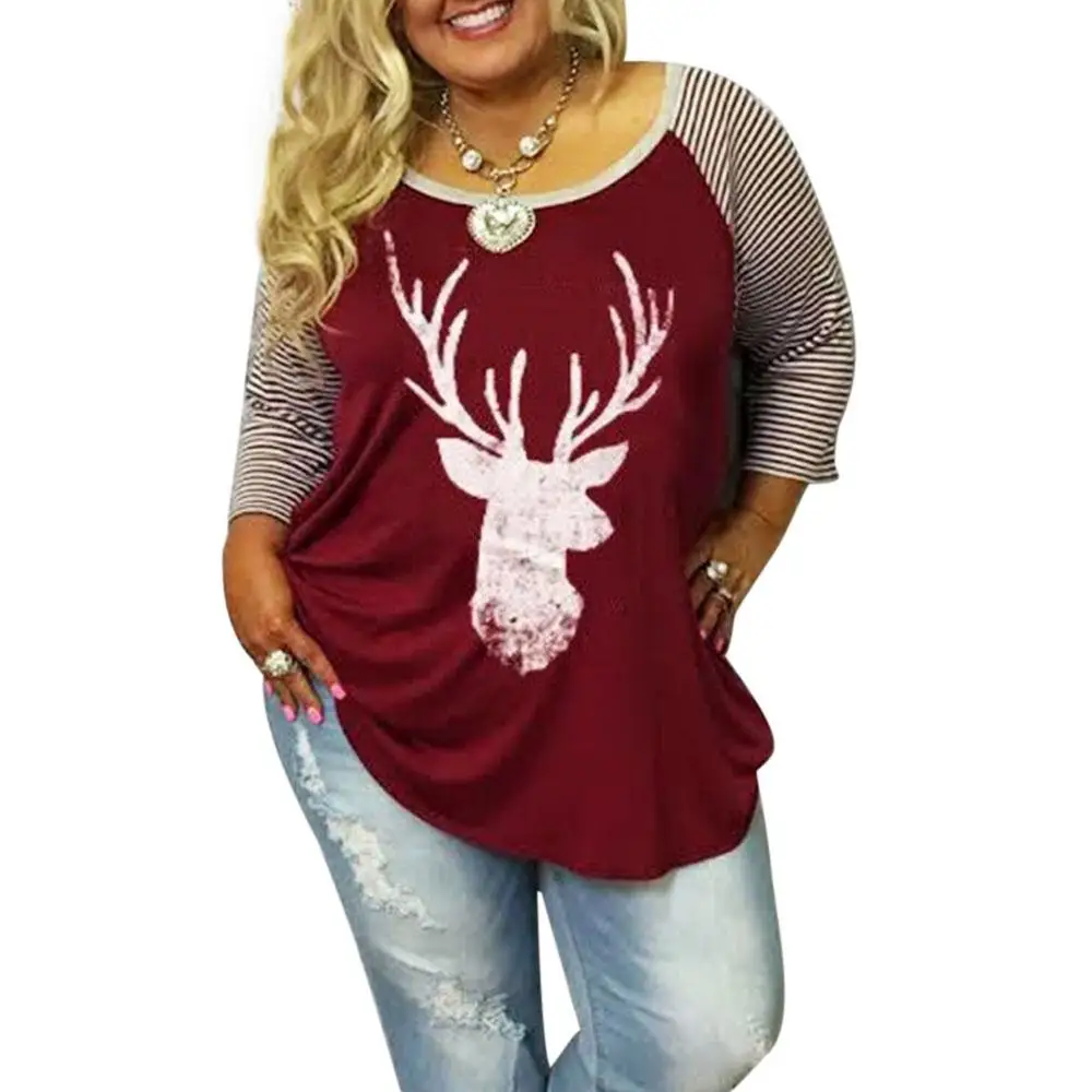 

Fashion Plus Size Women Christmas Tshirts Three Quarter Sleeve Striped Letter Reindeer Printed Oneck Female Casual Top Tees