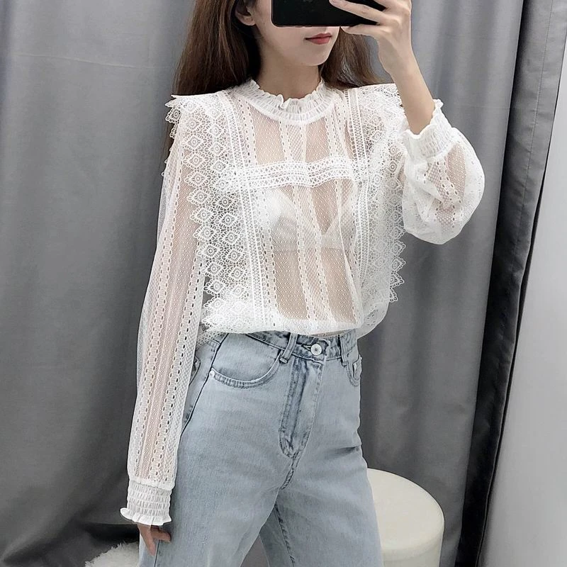 Mujer Transparente camisa de encaje blanco ahueca hacia fuera Material de manga larga cuello con 2019 moderna señora ver a través de la blusa|Blusas camisas| -