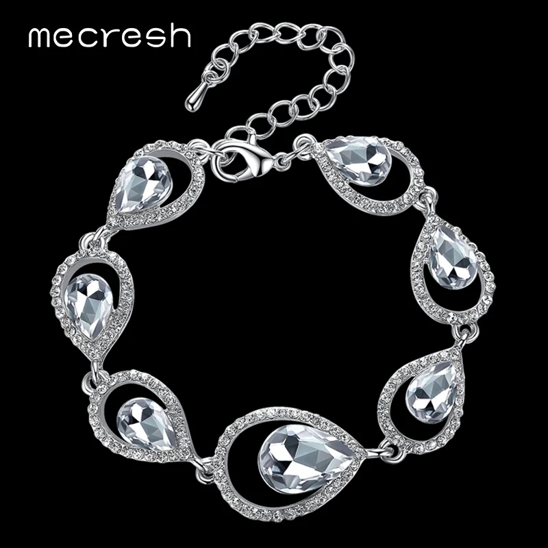 

Mecresh Pure Crystal Bridal Bracelets for Women Silver Color Water Drop Chain Wedding Pulseira Friendship Christmas Gift SL103