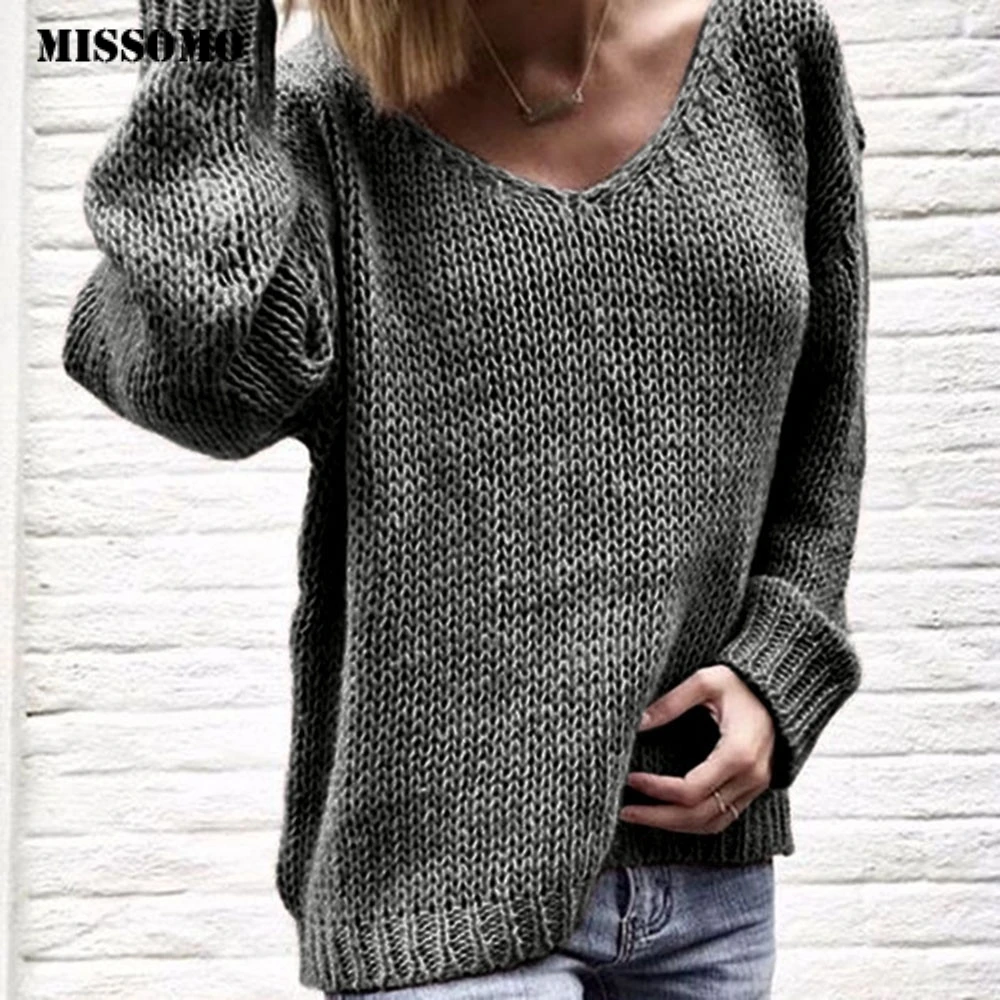 

MISSOMO 2019 Fashion Clothes Women Sweaters Pullovers loose V-neck Long Sleeve winter top Knitted Sweaters Pull femme 73