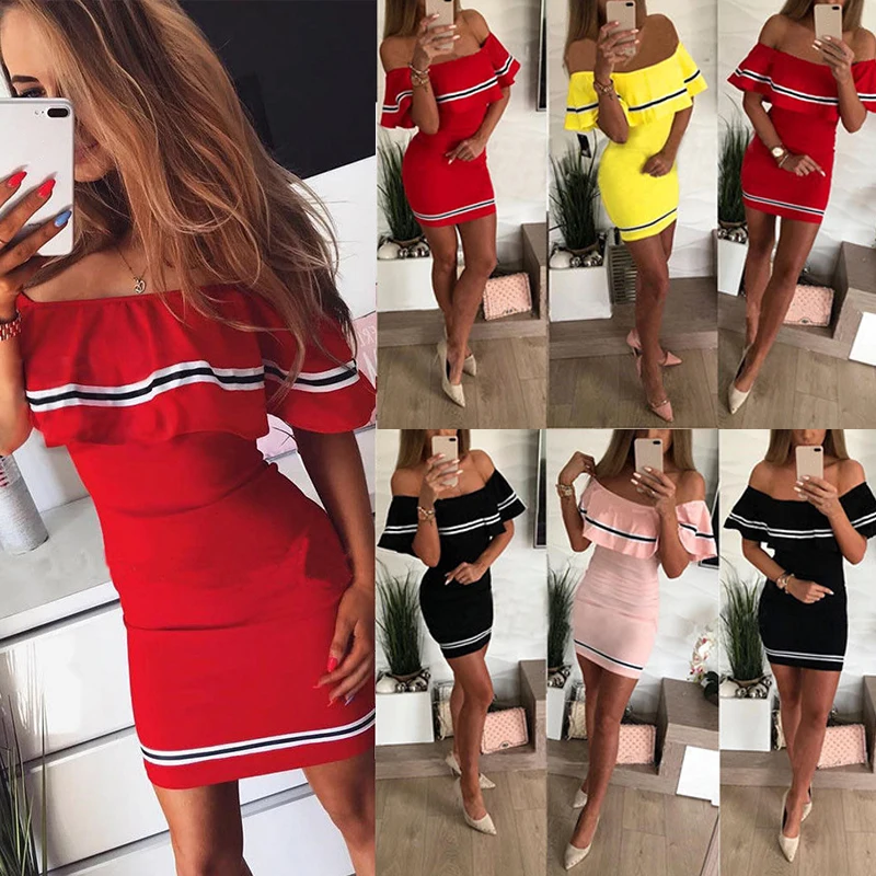 2019 Summer Fashion Women Ruffles Dress Casual Sexy Off Shoulder Party Dress Ladies Dresses Elegant Mini Dresses Female Vestidos