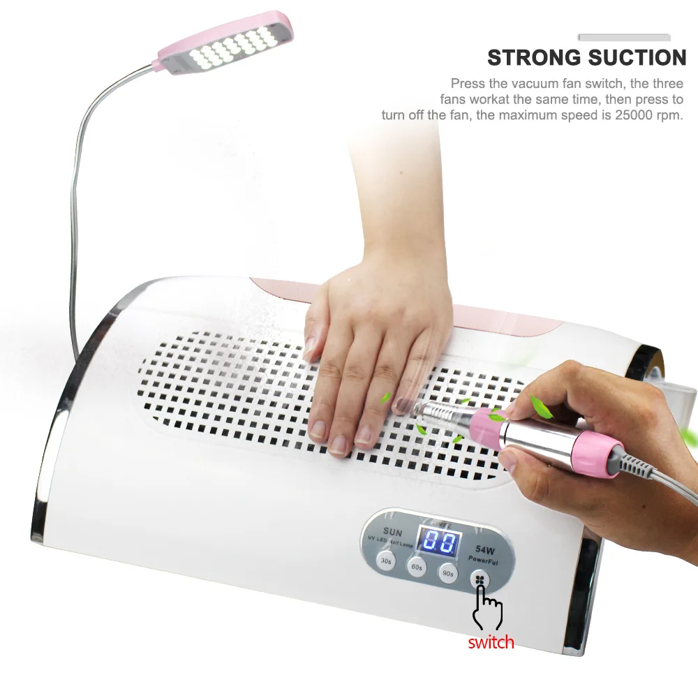 3 In 1 Strong Power 54W Nail Fan Art Salon Suction Dust Collector Vacuum Cleaner Nail Dust Collector+ UV LED Nail Dryer Lamp